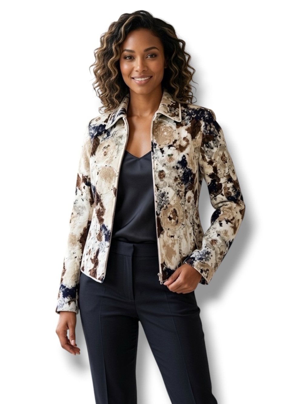 Anage Vintage 90s Blazer Beaded Sequins Beige Floral Print Jacket Women’s Size S